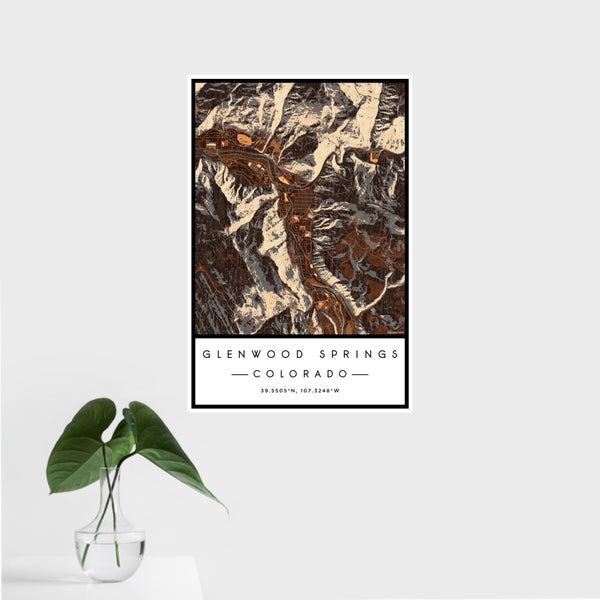 16x24 Glenwood Springs Colorado Map Print Portrait Orientation in Ember Style With Tropical Plant Leaves in Water