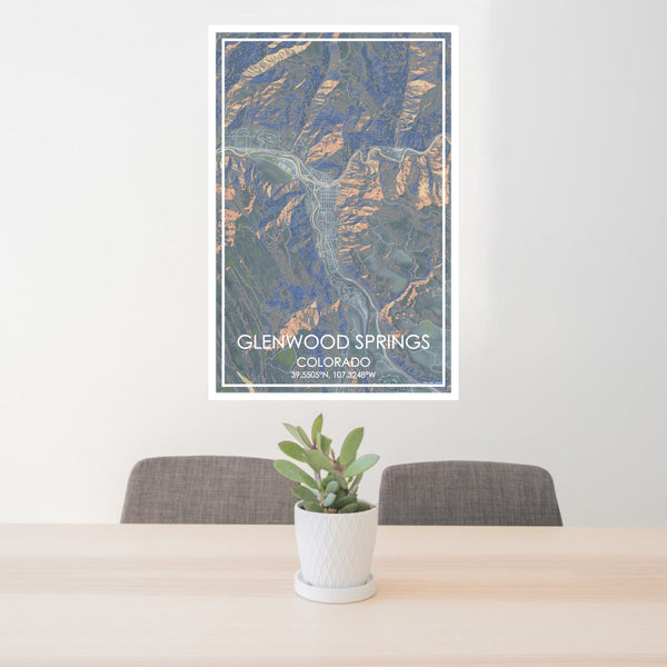24x36 Glenwood Springs Colorado Map Print Portrait Orientation in Afternoon Style Behind 2 Chairs Table and Potted Plant