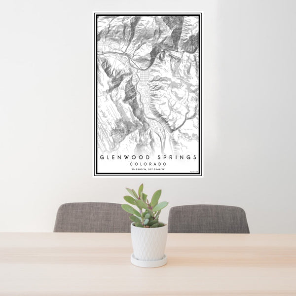 24x36 Glenwood Springs Colorado Map Print Portrait Orientation in Classic Style Behind 2 Chairs Table and Potted Plant