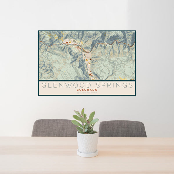 24x36 Glenwood Springs Colorado Map Print Lanscape Orientation in Woodblock Style Behind 2 Chairs Table and Potted Plant