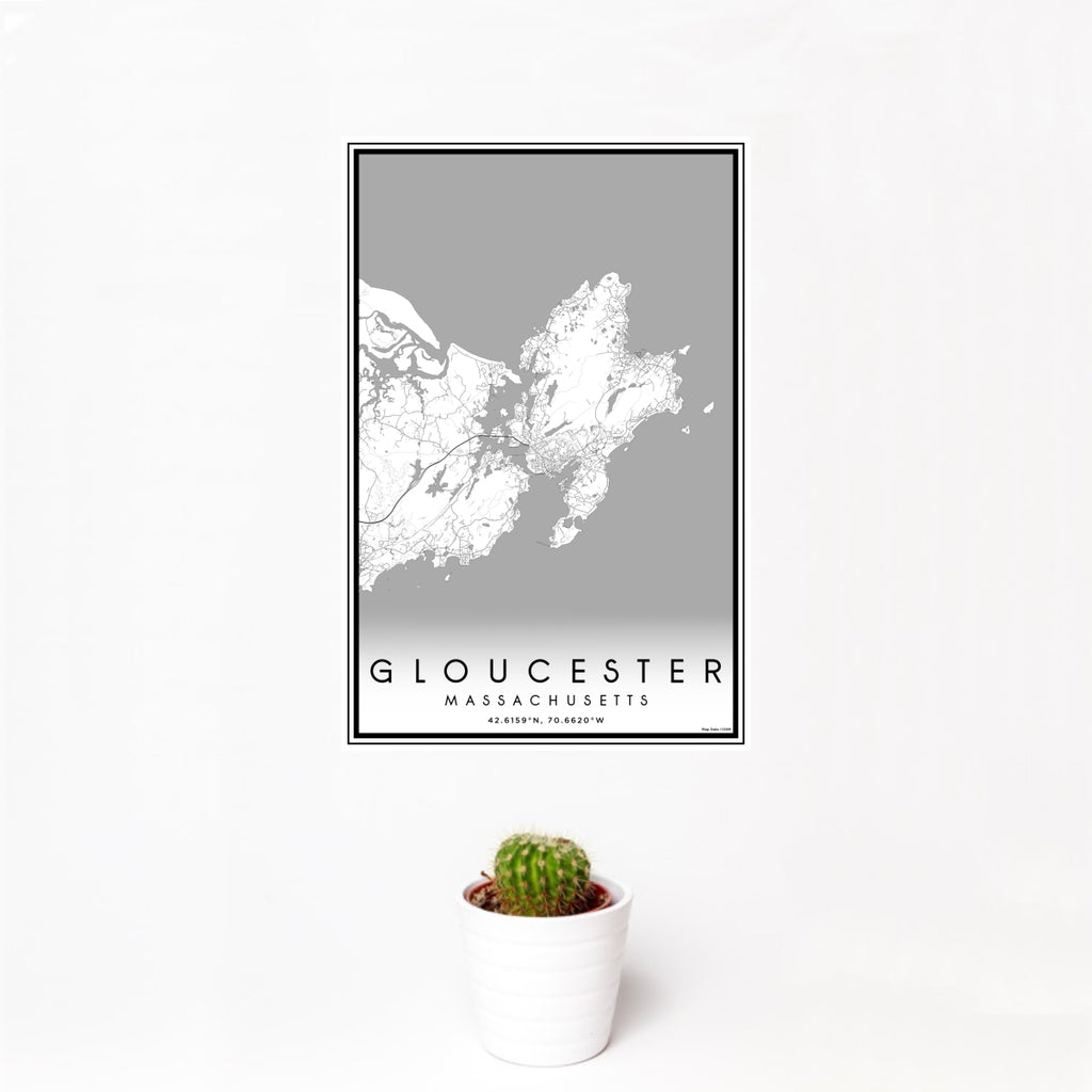 12x18 Gloucester Massachusetts Map Print Portrait Orientation in Classic Style With Small Cactus Plant in White Planter