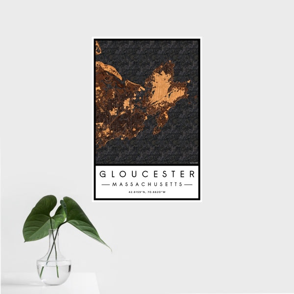 16x24 Gloucester Massachusetts Map Print Portrait Orientation in Ember Style With Tropical Plant Leaves in Water