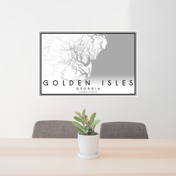 24x36 Golden Isles Georgia Map Print Lanscape Orientation in Classic Style Behind 2 Chairs Table and Potted Plant