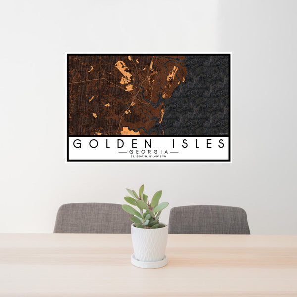 24x36 Golden Isles Georgia Map Print Lanscape Orientation in Ember Style Behind 2 Chairs Table and Potted Plant