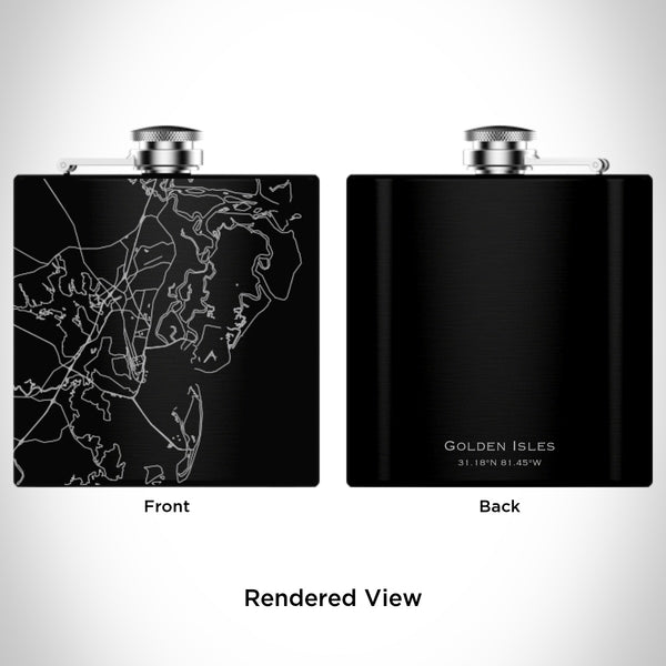 Rendered View of Golden Isles Georgia Map Engraving on 6oz Stainless Steel Flask in Black