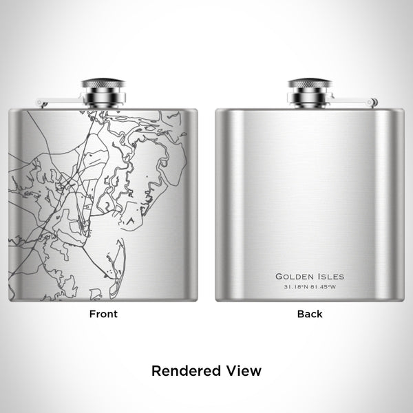 Rendered View of Golden Isles Georgia Map Engraving on 6oz Stainless Steel Flask