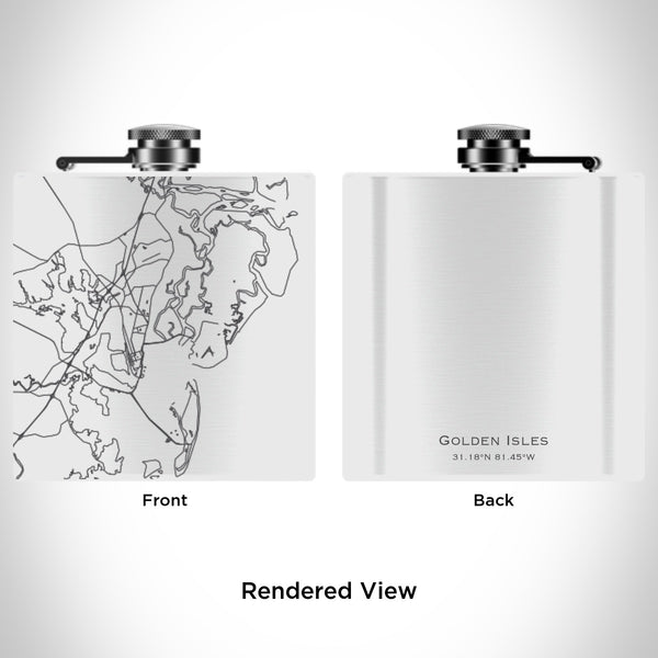 Rendered View of Golden Isles Georgia Map Engraving on 6oz Stainless Steel Flask in White