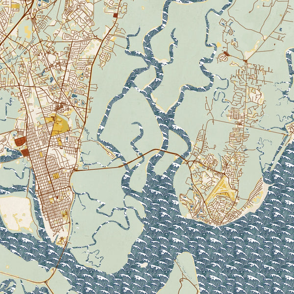 Golden Isles Georgia Map Print in Woodblock Style Zoomed In Close Up Showing Details