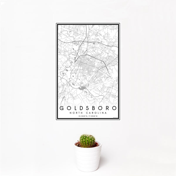 12x18 Goldsboro North Carolina Map Print Portrait Orientation in Classic Style With Small Cactus Plant in White Planter