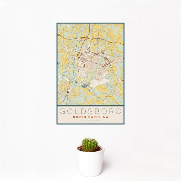 12x18 Goldsboro North Carolina Map Print Portrait Orientation in Woodblock Style With Small Cactus Plant in White Planter