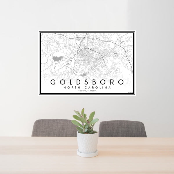 24x36 Goldsboro North Carolina Map Print Lanscape Orientation in Classic Style Behind 2 Chairs Table and Potted Plant