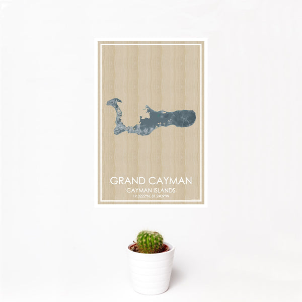 12x18 Grand Cayman Cayman Islands Map Print Portrait Orientation in Afternoon Style With Small Cactus Plant in White Planter