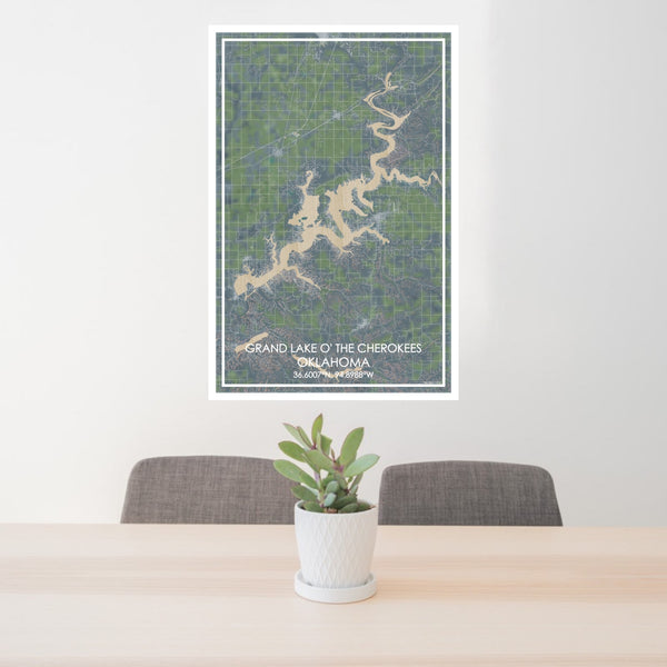 24x36 Grand Lake O' the Cherokees Oklahoma Map Print Portrait Orientation in Afternoon Style Behind 2 Chairs Table and Potted Plant