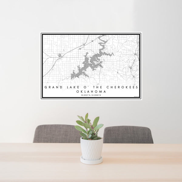 24x36 Grand Lake O' the Cherokees Oklahoma Map Print Lanscape Orientation in Classic Style Behind 2 Chairs Table and Potted Plant
