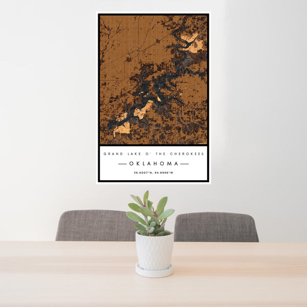 24x36 Grand Lake O' the Cherokees Oklahoma Map Print Portrait Orientation in Ember Style Behind 2 Chairs Table and Potted Plant