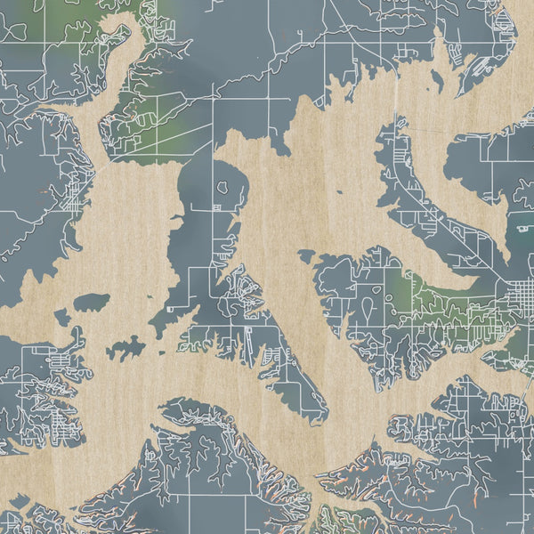 Grand Lake O' the Cherokees Oklahoma Map Print in Afternoon Style Zoomed In Close Up Showing Details