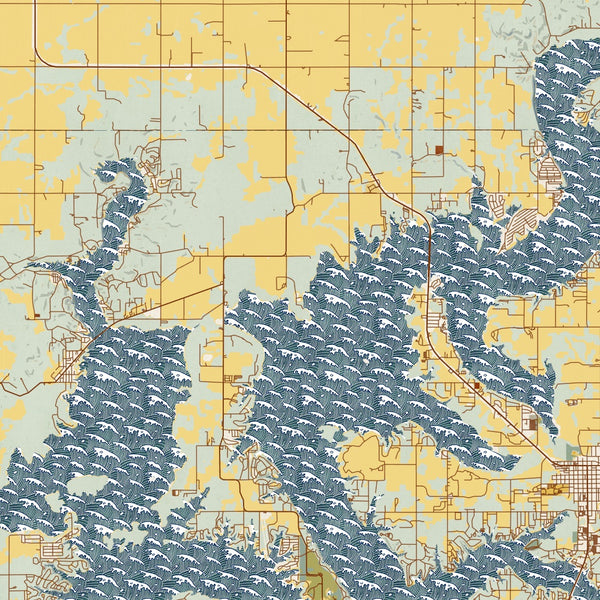Grand Lake O' the Cherokees Oklahoma Map Print in Woodblock Style Zoomed In Close Up Showing Details