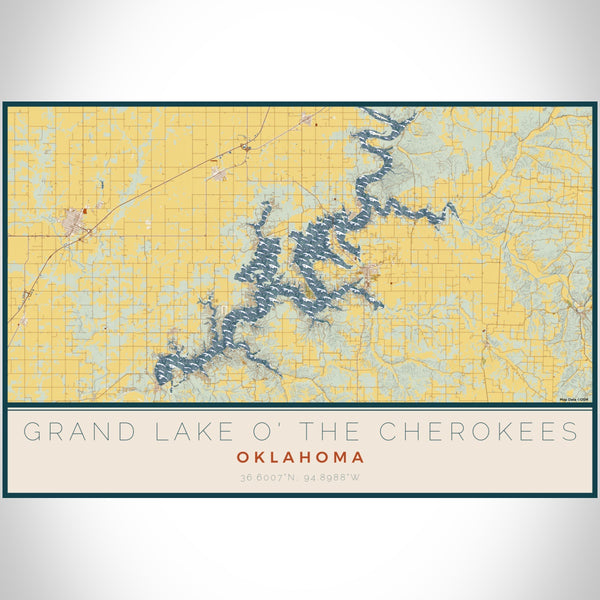 Grand Lake O' the Cherokees Oklahoma Map Print Landscape Orientation in Woodblock Style With Shaded Background
