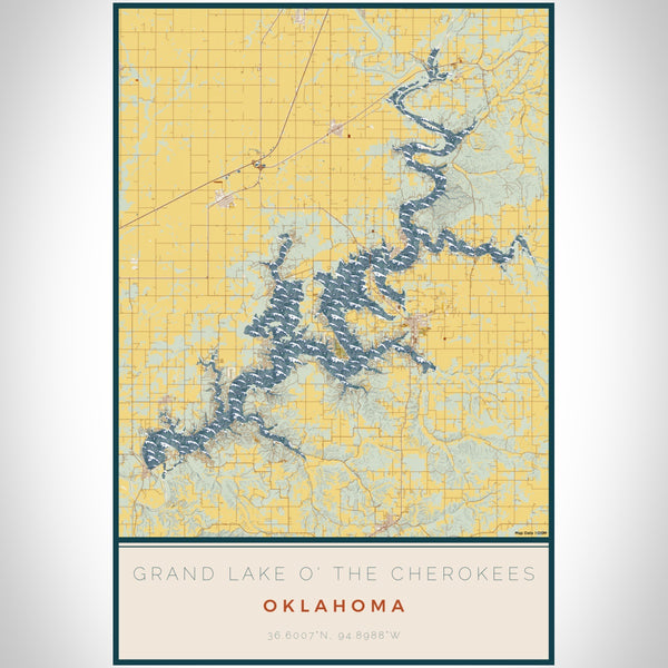 Grand Lake O' the Cherokees Oklahoma Map Print Portrait Orientation in Woodblock Style With Shaded Background