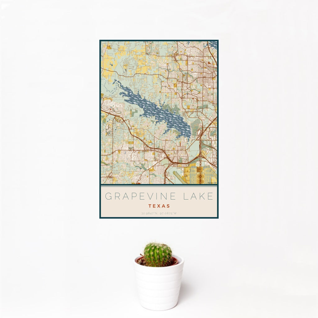 Grapevine Lake - Texas Map Print in Woodblock