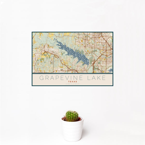 Grapevine Lake - Texas Map Print in Woodblock
