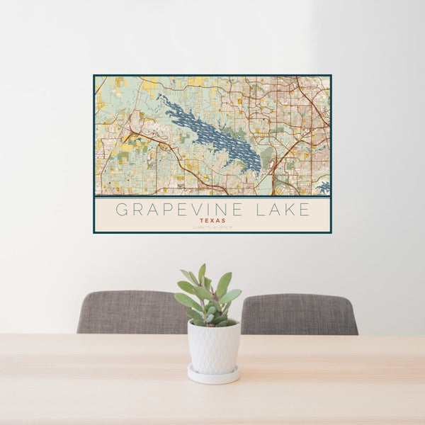 Grapevine Lake - Texas Map Print in Woodblock