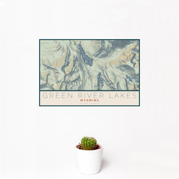 12x18 Green River Lakes Wyoming Map Print Landscape Orientation in Woodblock Style With Small Cactus Plant in White Planter