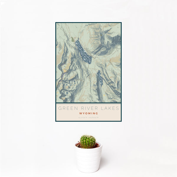 12x18 Green River Lakes Wyoming Map Print Portrait Orientation in Woodblock Style With Small Cactus Plant in White Planter