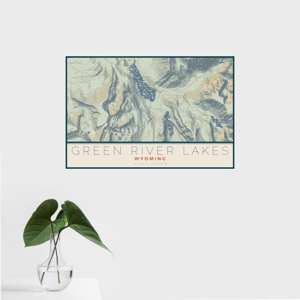 16x24 Green River Lakes Wyoming Map Print Landscape Orientation in Woodblock Style With Tropical Plant Leaves in Water