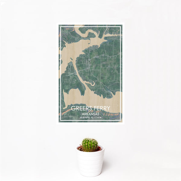 12x18 Greers Ferry Arkansas Map Print Portrait Orientation in Afternoon Style With Small Cactus Plant in White Planter