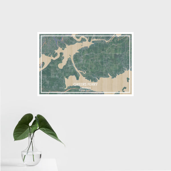 16x24 Greers Ferry Arkansas Map Print Landscape Orientation in Afternoon Style With Tropical Plant Leaves in Water