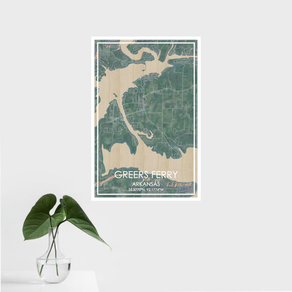 16x24 Greers Ferry Arkansas Map Print Portrait Orientation in Afternoon Style With Tropical Plant Leaves in Water
