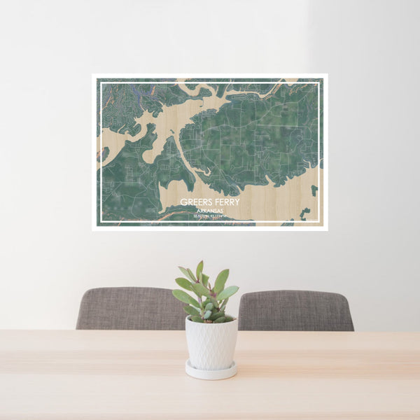 24x36 Greers Ferry Arkansas Map Print Lanscape Orientation in Afternoon Style Behind 2 Chairs Table and Potted Plant