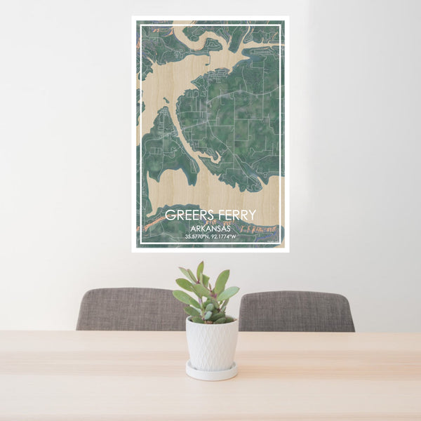 24x36 Greers Ferry Arkansas Map Print Portrait Orientation in Afternoon Style Behind 2 Chairs Table and Potted Plant