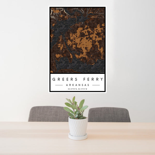 24x36 Greers Ferry Arkansas Map Print Portrait Orientation in Ember Style Behind 2 Chairs Table and Potted Plant