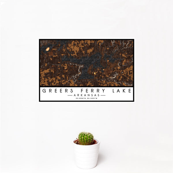 12x18 Greers Ferry Lake Arkansas Map Print Landscape Orientation in Ember Style With Small Cactus Plant in White Planter