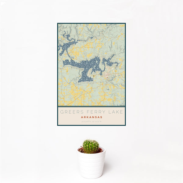 12x18 Greers Ferry Lake Arkansas Map Print Portrait Orientation in Woodblock Style With Small Cactus Plant in White Planter
