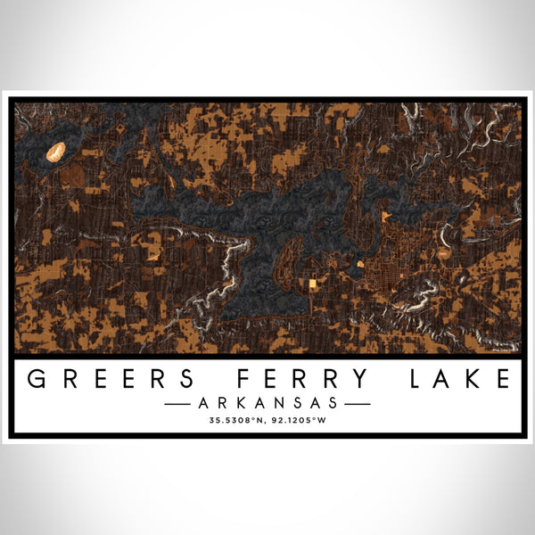Greers Ferry Lake Arkansas Map Print Landscape Orientation in Ember Style With Shaded Background