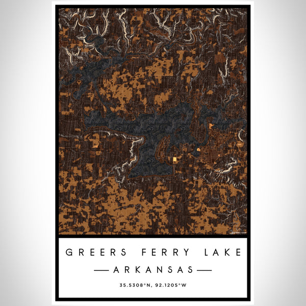 Greers Ferry Lake Arkansas Map Print Portrait Orientation in Ember Style With Shaded Background