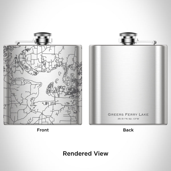 Rendered View of Greers Ferry Lake Arkansas Map Engraving on 6oz Stainless Steel Flask