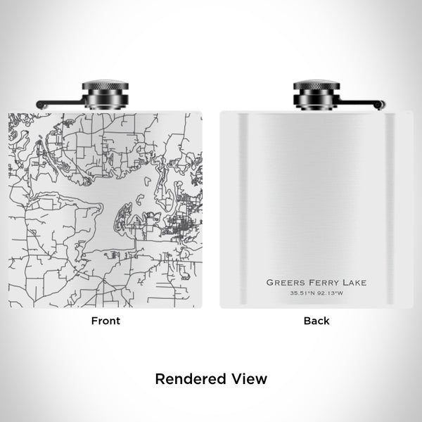 Rendered View of Greers Ferry Lake Arkansas Map Engraving on 6oz Stainless Steel Flask in White