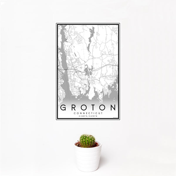 12x18 Groton Connecticut Map Print Portrait Orientation in Classic Style With Small Cactus Plant in White Planter