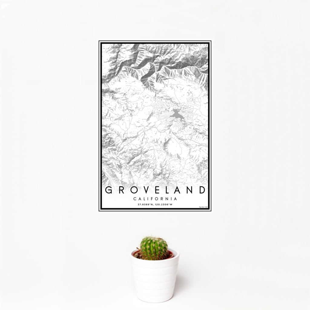 12x18 Groveland California Map Print Portrait Orientation in Classic Style With Small Cactus Plant in White Planter