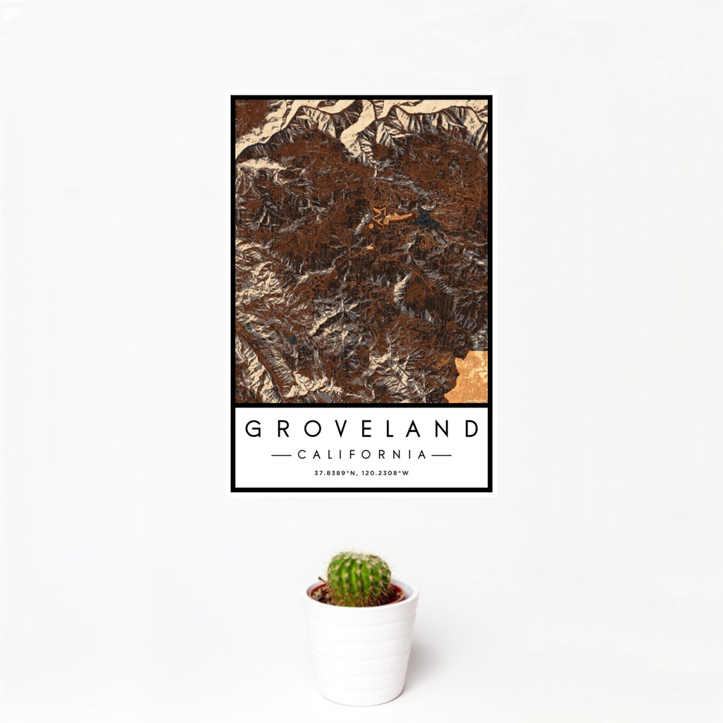 12x18 Groveland California Map Print Portrait Orientation in Ember Style With Small Cactus Plant in White Planter