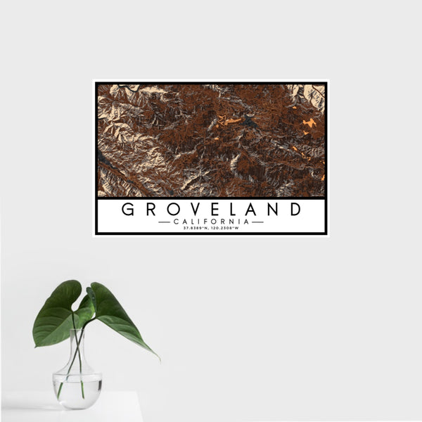 16x24 Groveland California Map Print Landscape Orientation in Ember Style With Tropical Plant Leaves in Water