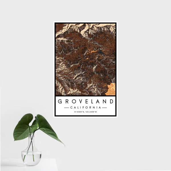 16x24 Groveland California Map Print Portrait Orientation in Ember Style With Tropical Plant Leaves in Water