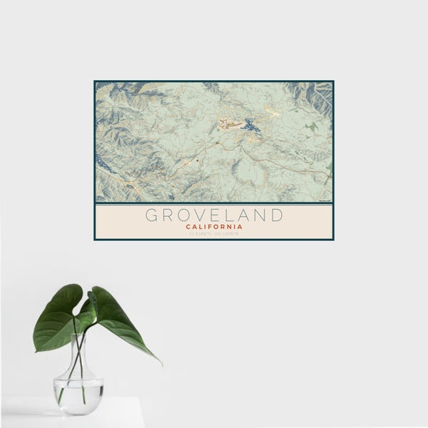 16x24 Groveland California Map Print Landscape Orientation in Woodblock Style With Tropical Plant Leaves in Water