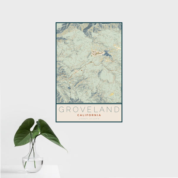 16x24 Groveland California Map Print Portrait Orientation in Woodblock Style With Tropical Plant Leaves in Water