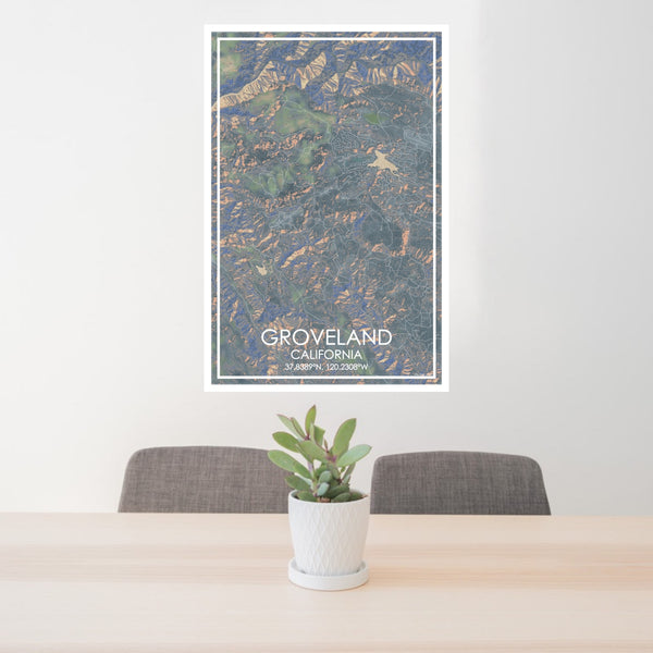 24x36 Groveland California Map Print Portrait Orientation in Afternoon Style Behind 2 Chairs Table and Potted Plant