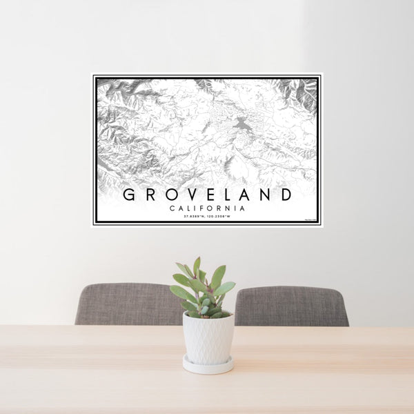 24x36 Groveland California Map Print Lanscape Orientation in Classic Style Behind 2 Chairs Table and Potted Plant